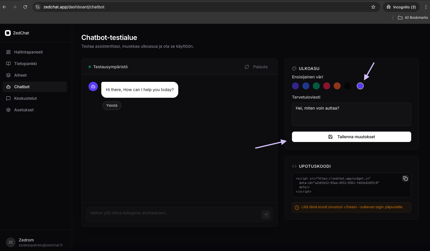 Muokkaa chatbotin aloitusviestiä ja väriä